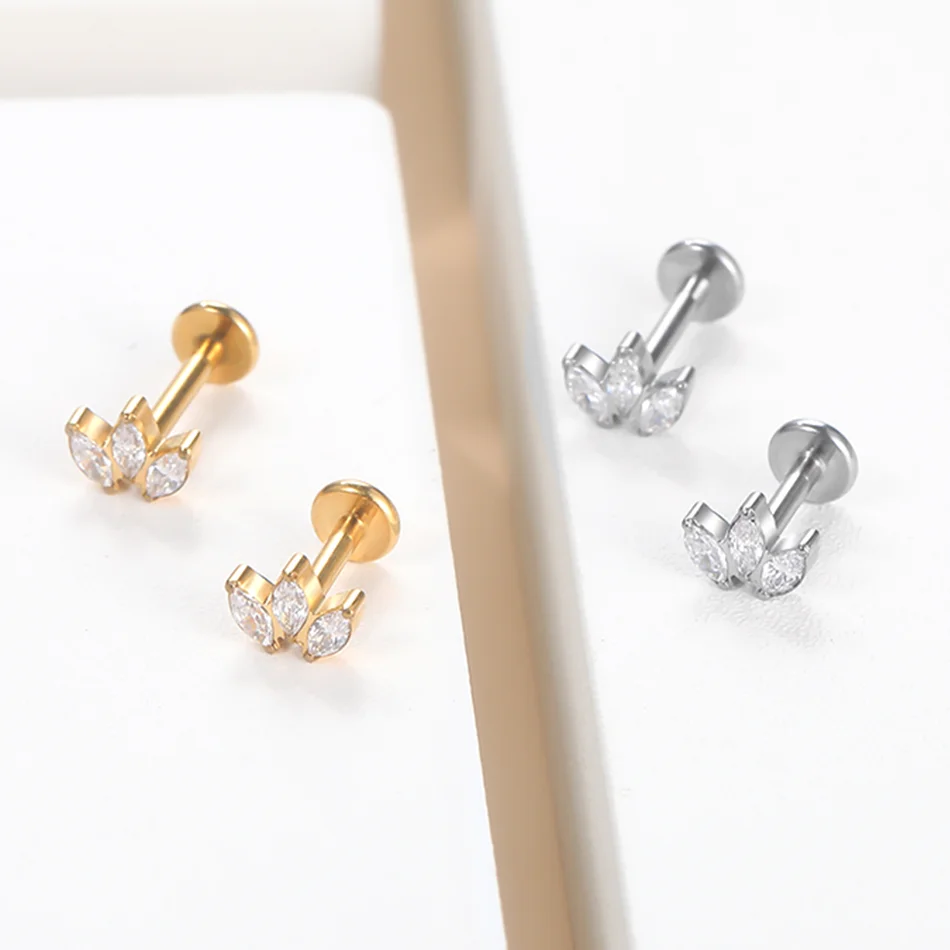 1pc G23 Titanium Labret Piercing Lip Studs with 3 Marquise CZ Fan Top Internal Thread Stud Earring for Women Body Jewelry