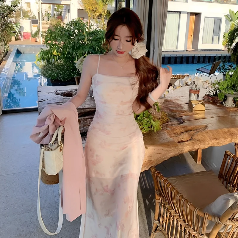 花柄のスプリットヒップスカート新しい夏のサスペンダードレススリムフィットスカート