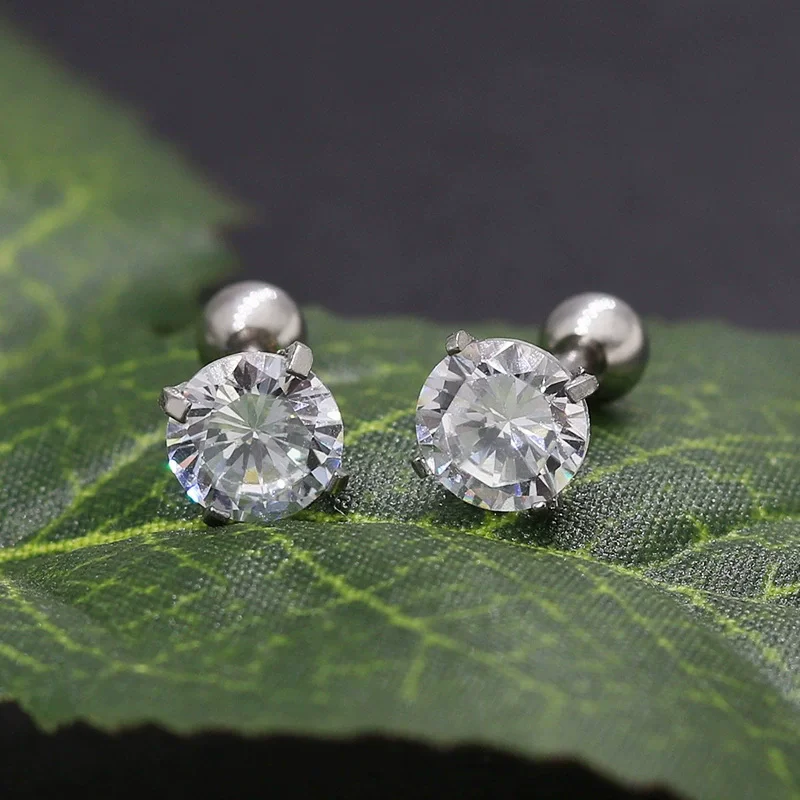 Korean Titanium Screw-back Stud Earrings With AAA Zircon 2mm-8mm 316L Stainless Steel No Fade Allergy