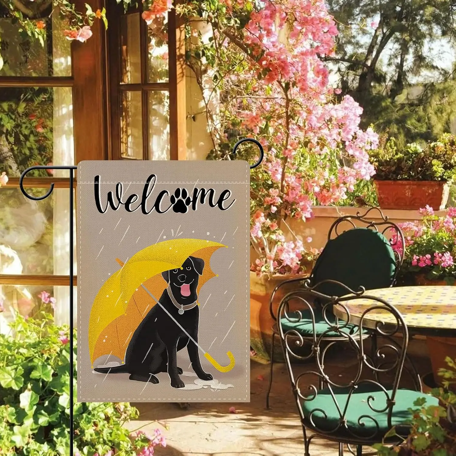 Dyrenson Welcome Black Labrador Dog Decorative Garden Flag, Yellow Umbrella Rainy Yard Outside Home Decoration Pet Lover Gif SSL