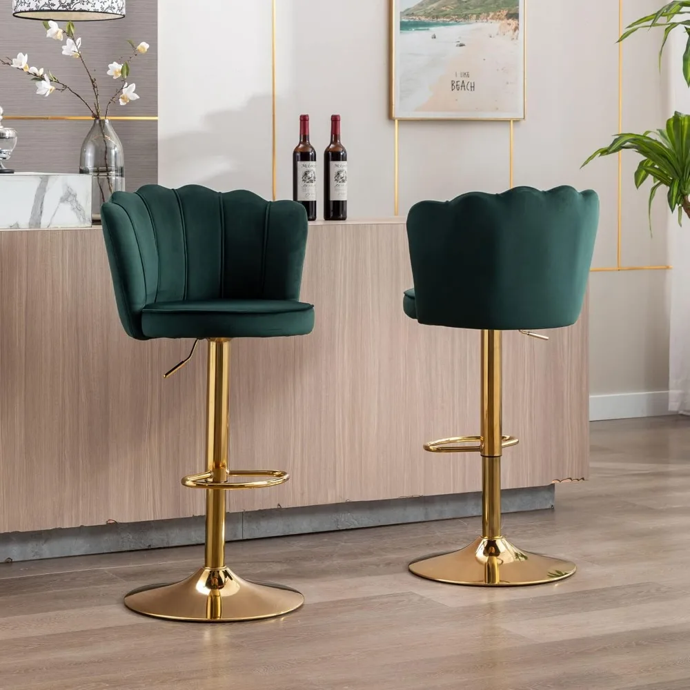 Conjunto de bancos de bar giratórios com altura de bar, 4 bancos estofados ajustáveis, cadeiras de bar de veludo com encosto/base dourada para cozinha