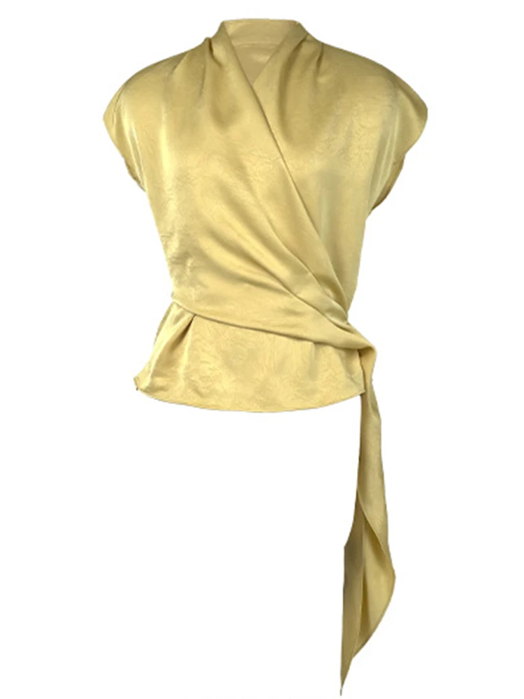 

Women's Fashion Elegant Yellow Shirt Ladies Trendy Wrap Tops with Side Tie Accent Satin Lace-up Party Effortlessly Chic Look
