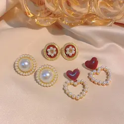 2024 Trendy Women's Ear Clip French Retro Wine Red Ear Clip Without Ear Hole, Socialite Pearl Earrings