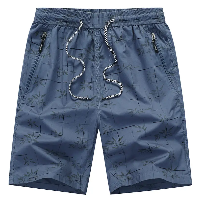 Pure Cotton Men Beach Casual Shorts Summer Elastic Waist Drawstring Zipper Pocket Print Fashion Loose Big Size Blue Sport Shorts