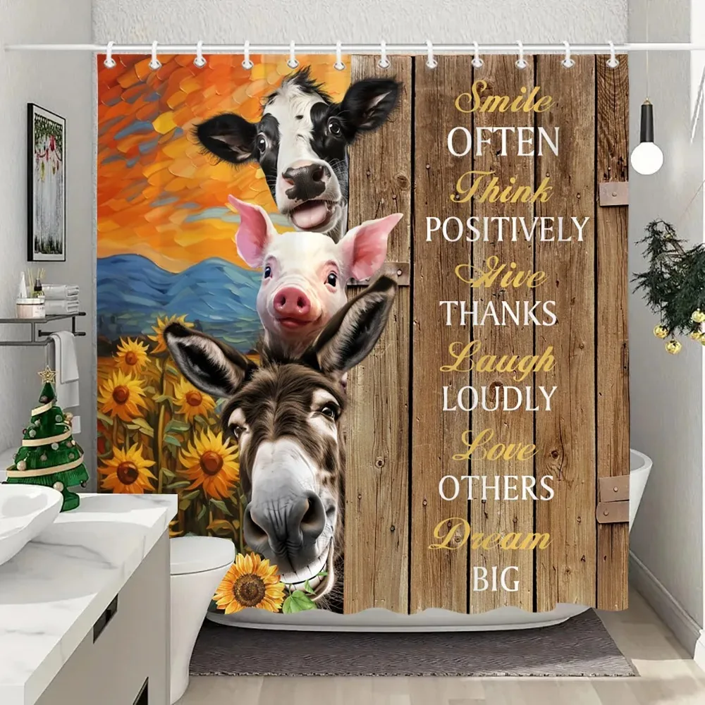 

Занавеска для душа с изображением сельскохозяйственных животных, хайлендского рогатого скота, деревенский фермерский дом, доска в винтажном стиле, моющиеся занавески для душа, декор для ванной комнаты