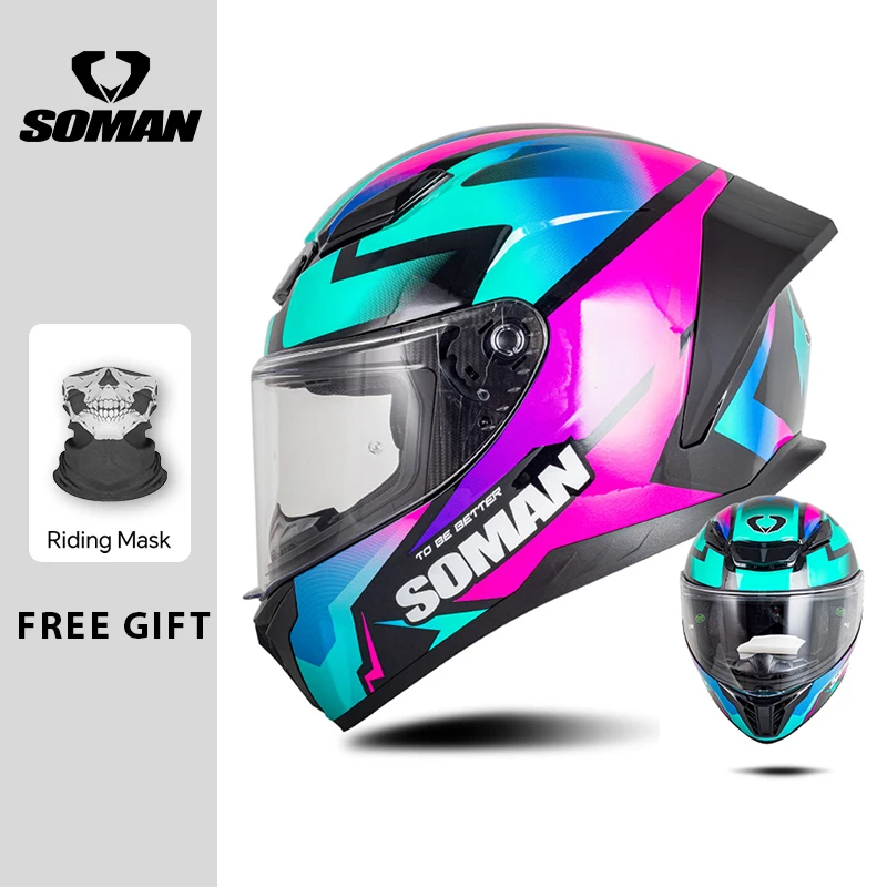 SOMAN Full Face Helmet DOT Approved Full Coverage Motorcycle Helmets Men Women Transparent Lens Motorbike Riding Helm Scooter