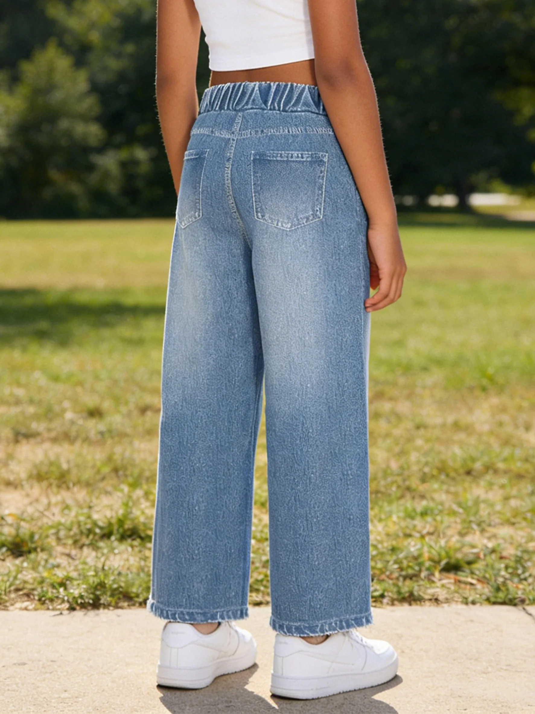 2026 children's light blue imitation denim wide-leg pants, decorated with sweet and cool patterns of English letters