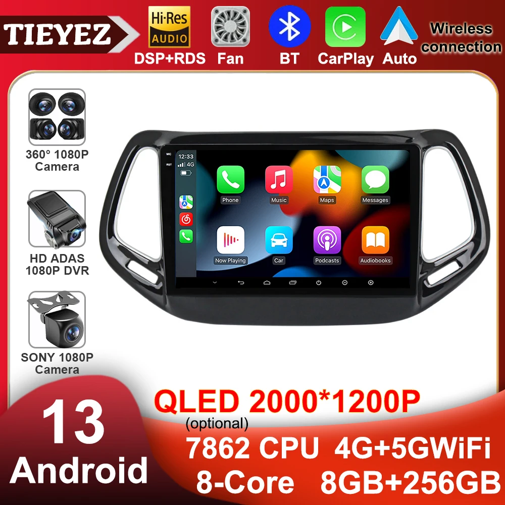 

Android 13 For Jeep Compass 2 MP 2016 - 2018 Black QLED Car Radio Multimedia Video Player GPS Navigation CarPlay Autoradio DSP