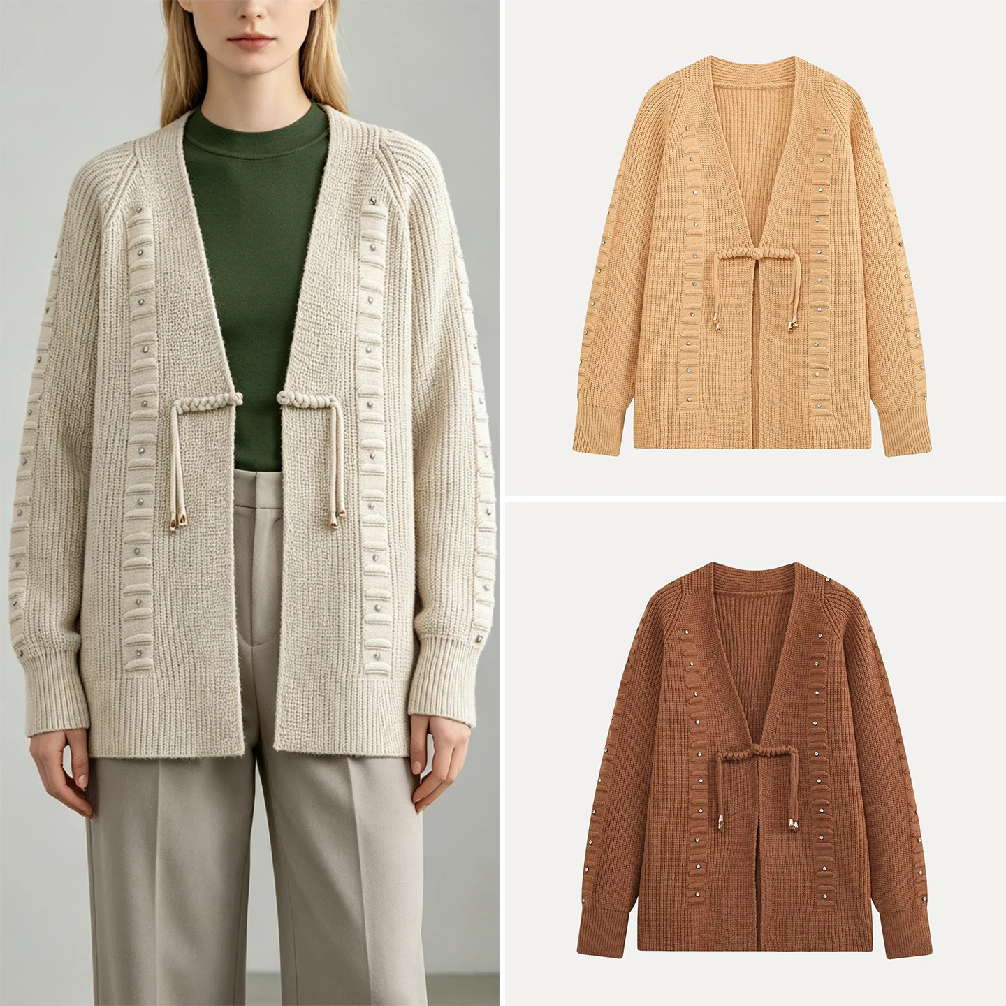 Elegant V-Neck Rivet Knitted Long Sleeve Open Cardigan Women's Fashion Personality Autumn Wear ZADATA Standard Fit Short Coat