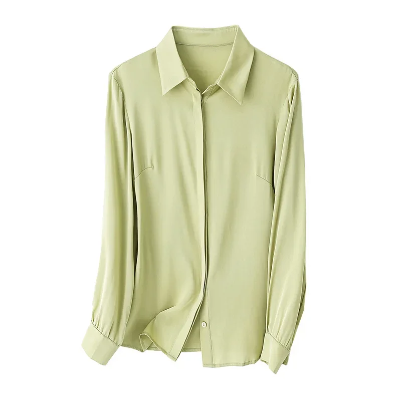 

New Design Spring Fall Women's Real Silk 100% Shirts High End Fruit Green Long Sleeved Silk Tops