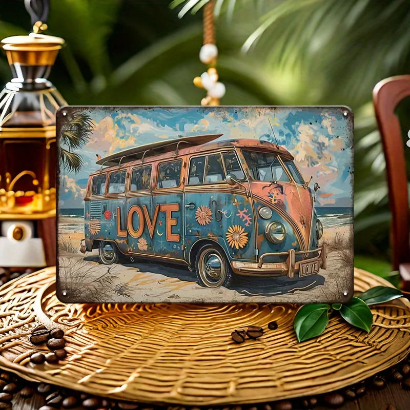 2D Flat Vintage Beach Life Bus Campervan Metal Sign - Hippie Floral Design, Home & Office Metal Wall Decoration