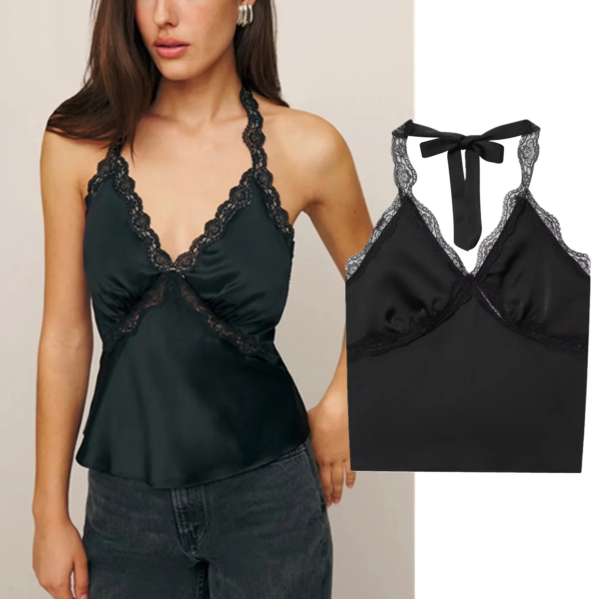 

Jenny&Dave Summer Minimalist Women's Clothing Satin Lace Patchwork Sleeveless Shirt V-neck Blouses Women's Clothes Shirts Tops