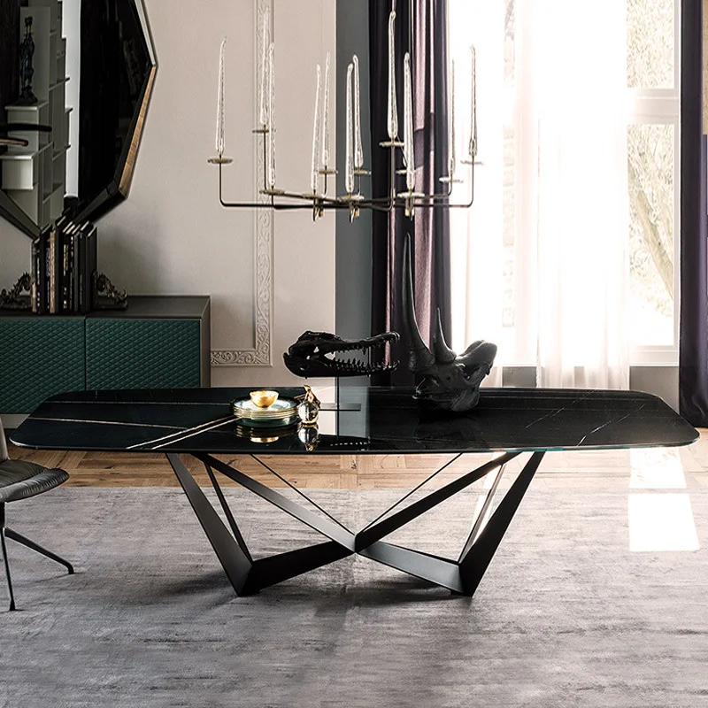 

Italian light luxury marble dining table and chairs modern simple small apartment household rectangular minimalist combination