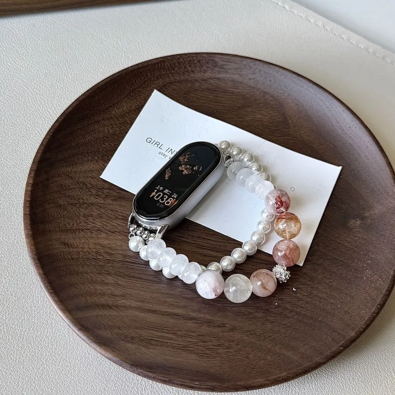 Natural Crystal Pearl Bracelet for Samsung Galaxy Watch 7654 FE Vintage Elastic Beaded Band Boho Women Smartwatch Accessory 20mm