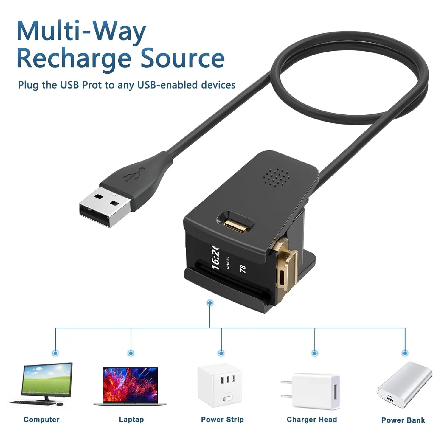 Cable cargador USB de 53cm/92cm para reloj inteligente Fitbit Charge 2, Cable de carga para pulsera Fitbit Charge 2, accesorios adaptadores de base