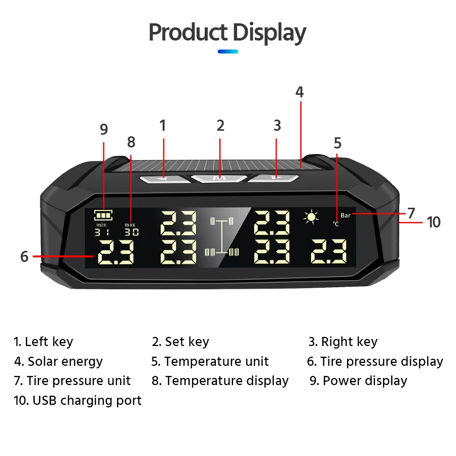 E-ACE Solar TPMS 6 sensors Car Tire Pressure Alarm Monitor System Tyre Temp Digital Anti High Temperate And Cold Security Alarm