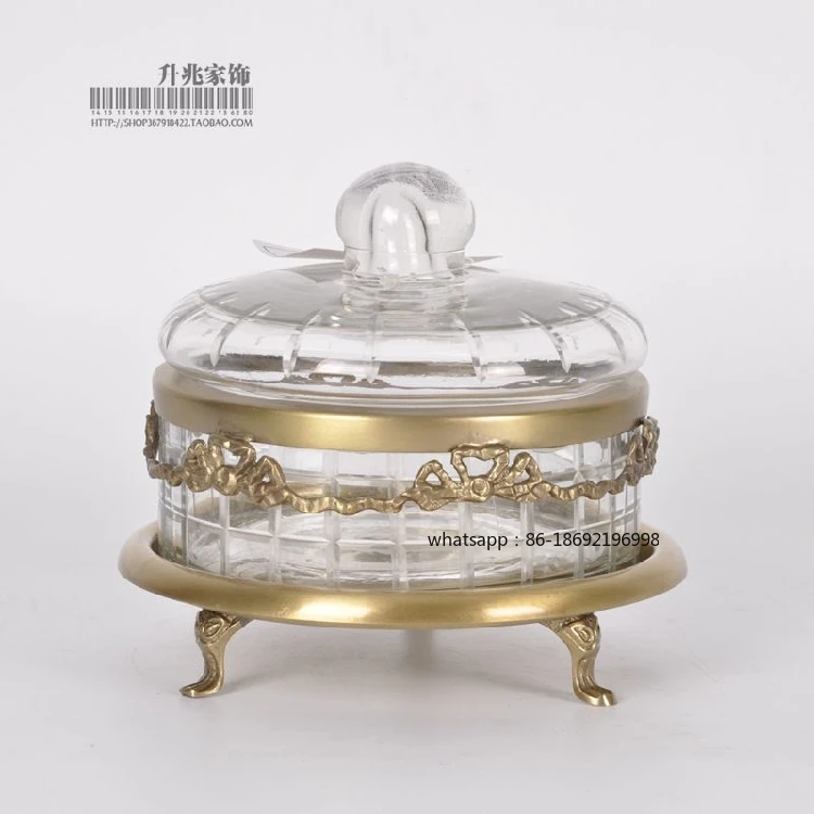 Tarro de azúcar de cristal de lujo nórdico americano, nueces de tarro de almacenamiento para decoración del hogar de cobre y vidrio importadas de la India