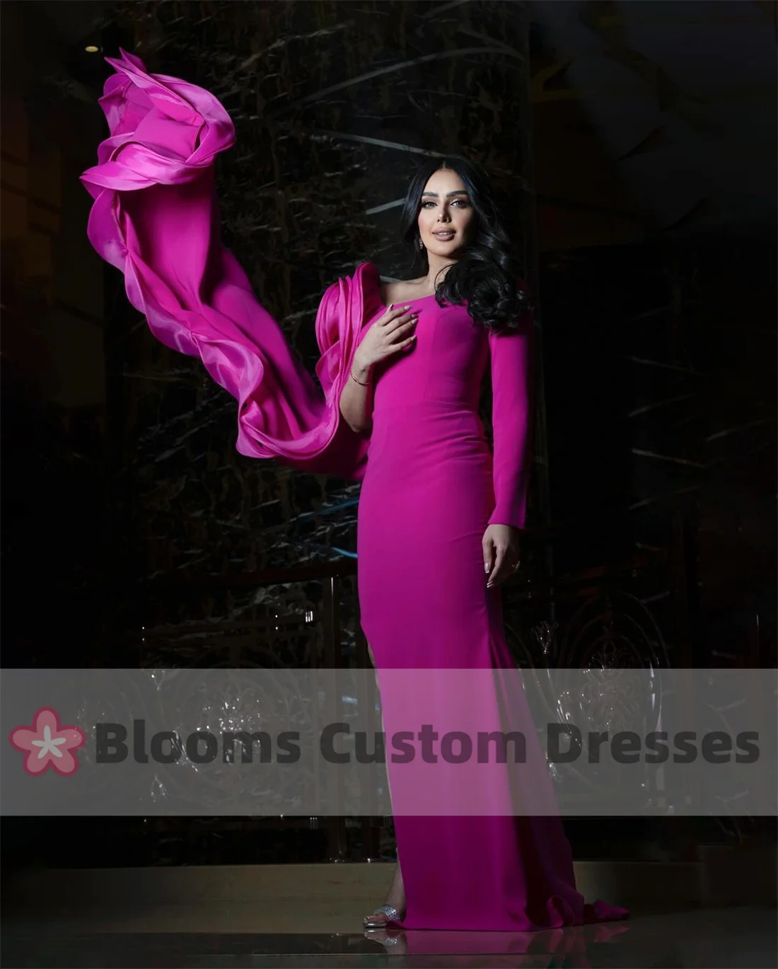 Blooms Customized Elegant Long Sleeves Organza Flower Evening Dresses Floor-length Saudi Formal Prom Dress Side Slit Party Gown