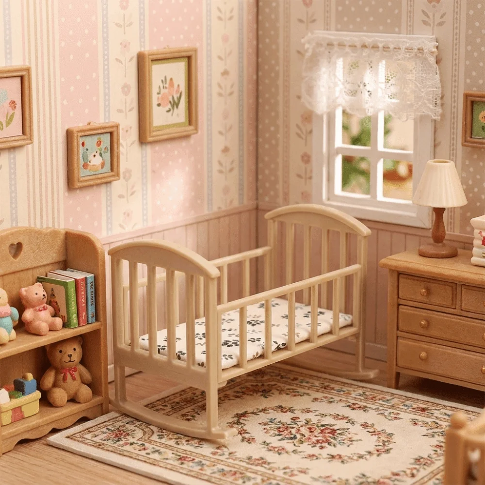 Unique 1:12 Dollhouse Baby Bed Simulation Miniature Dollhouse Cradle Rectangular Ornaments Mini Baby Crib Dollhouse Decoration