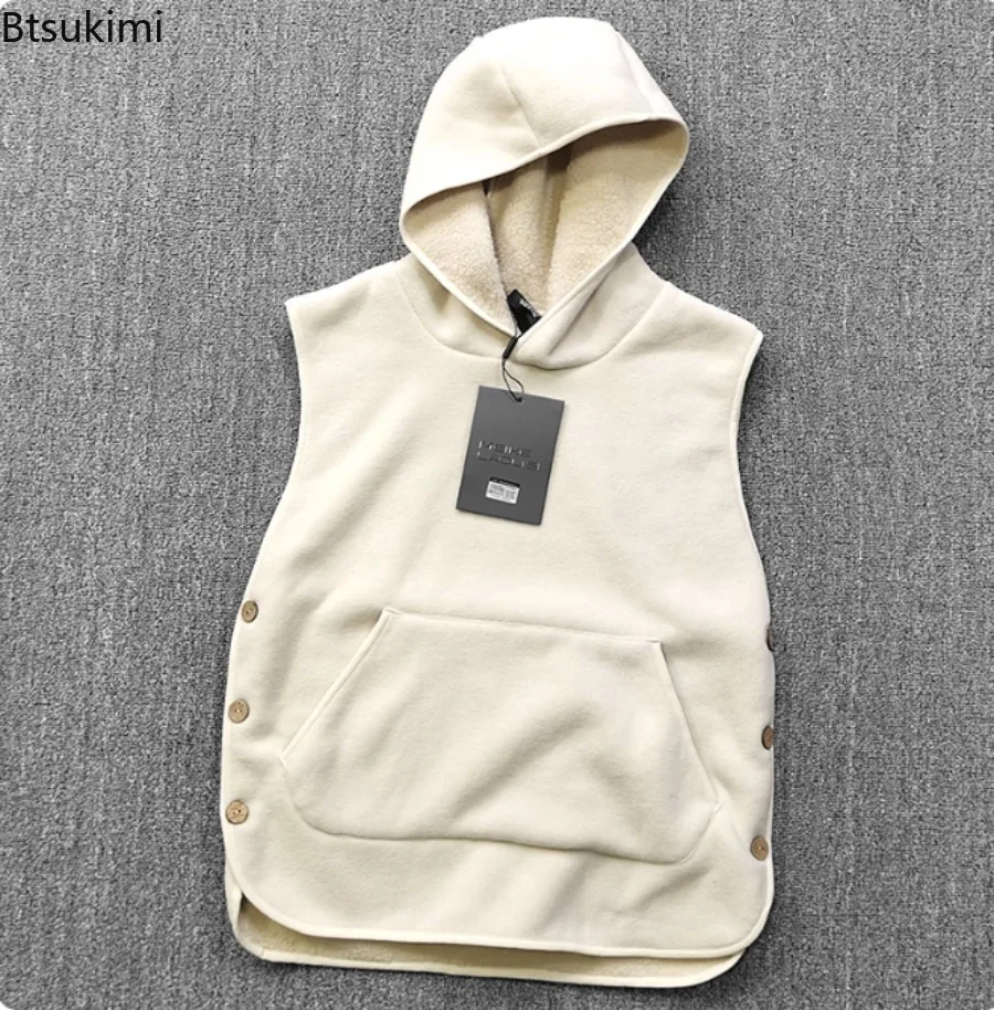 2025 Winter Men's Sleeveless Vests Soft Comfortable Fleece Thicken Hooded Solid Color Casual Loose Warm Simple Male Waistcoat