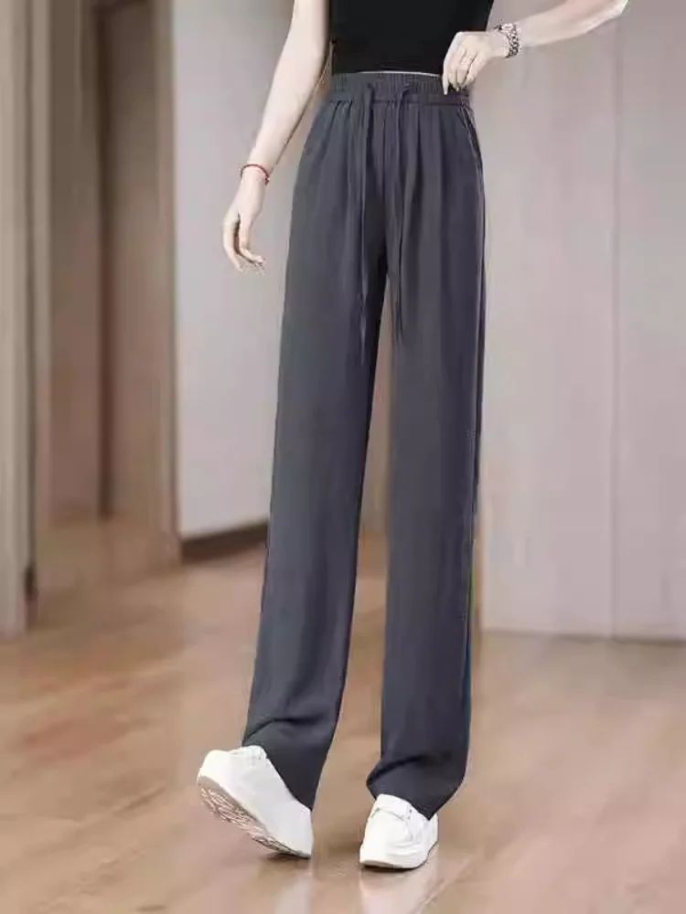 

Ice Silk Linen Wide Leg Pants Women's Summer Thin Casual High Waist Straight Cut Drapey Slimming Loose Fit Trousers