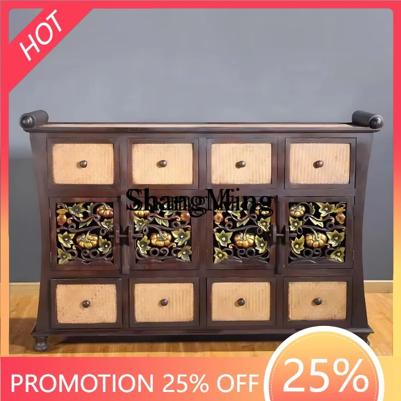 

FG good-looking solid wood carving flower living room entrance cabinet retro rattan storage storage decorative cabinet