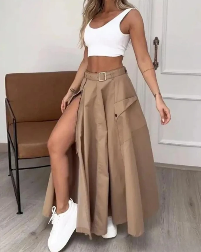 

Women's Set Skirt 2024 Summer New Casual Adjustable Belt Zipper High Split Maxi A-line Skirt