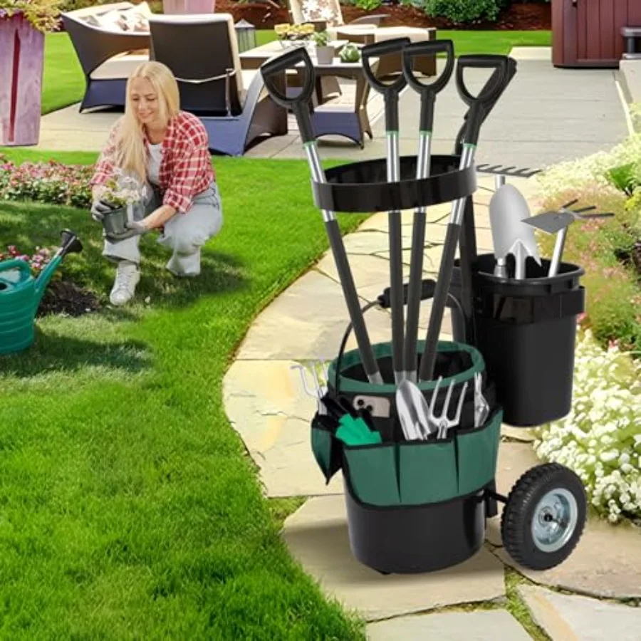 Garden Carts, Heavy Duty Rolling Lawn Yard Mobile Gardening Trolley, Wheeled Outdoor Metal Utility Beach Wagon with 5 Gallon Bu