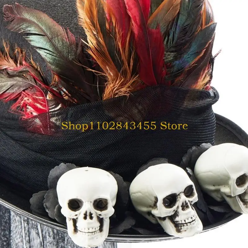 49MC Halloween Magicians Top Hat Skull Halloween Feather&Veil Decors Witches Hat Hot Girl Role Play Tool Medieval Period Hat