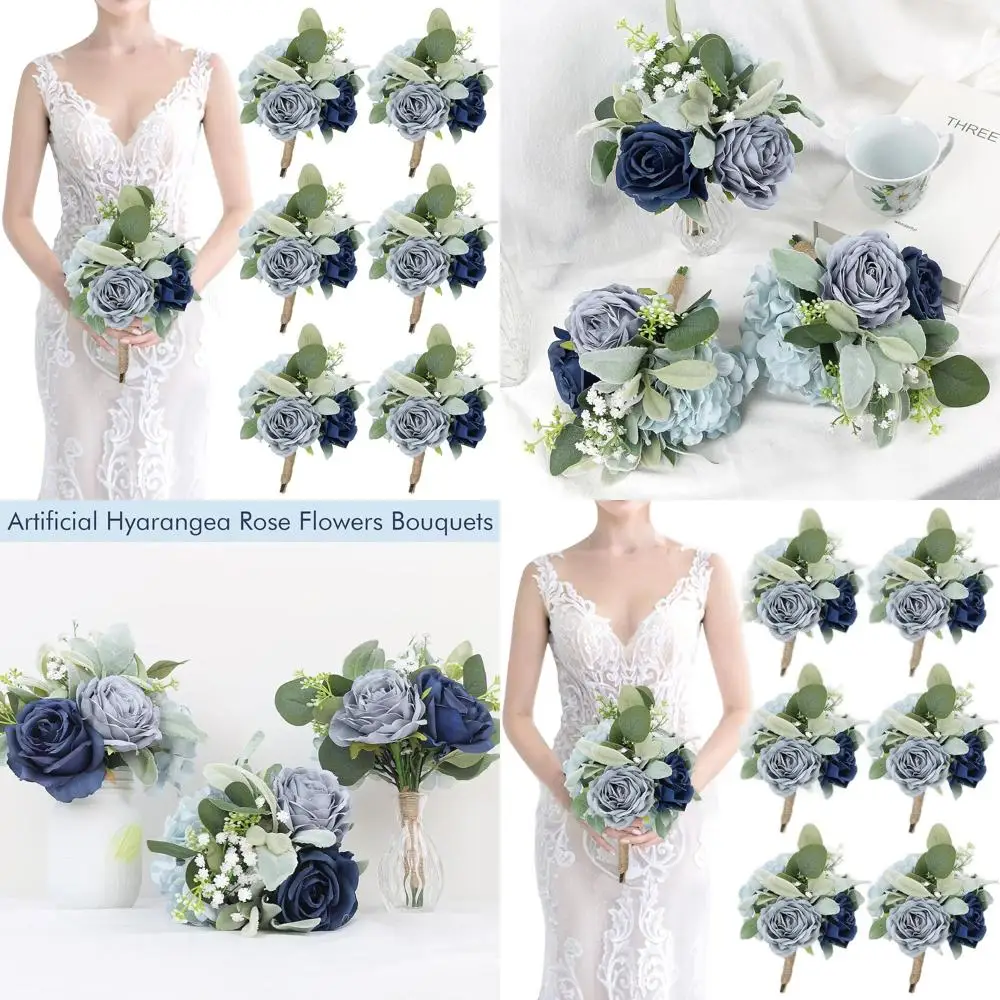 

Navy & Blue Artificial Flower Bouquets - Set of 6 for Rustic Wedding Centerpieces, Bridal Party, or Anniversary Decor