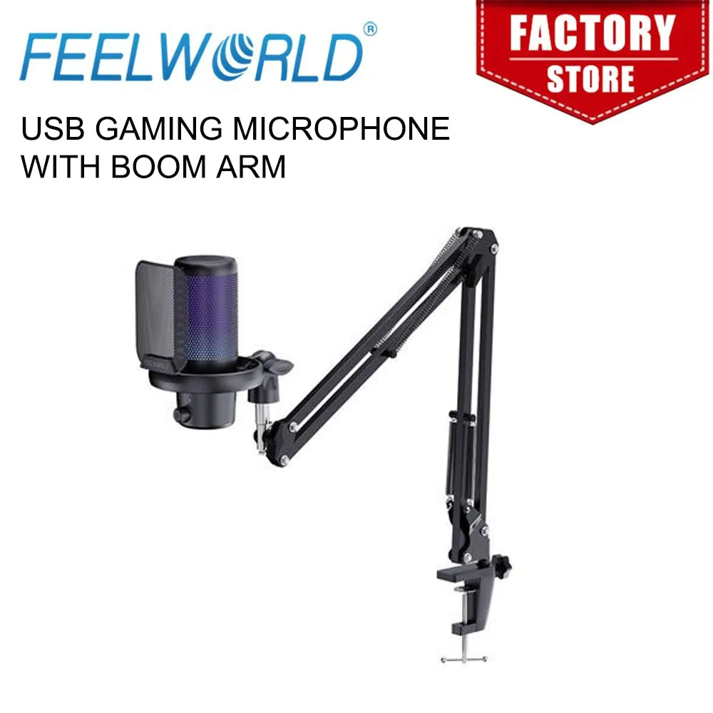 FEELWORLD VM1-AS USB Condenser Gaming Microphone for Streaming Noise Cancellation Mute RGB Light Boom Arm Stand