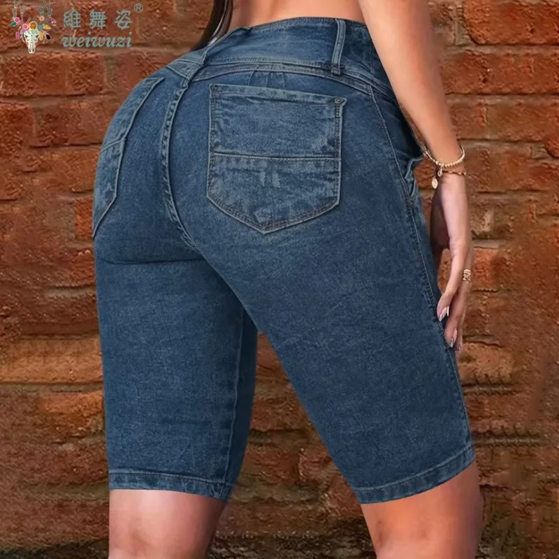 Women Skinny Knee Length Jeans High Waist Pants Stretch Denim Shorts Mom Jeans Slim Pencil Pants Casual Comfort Denim Trousers