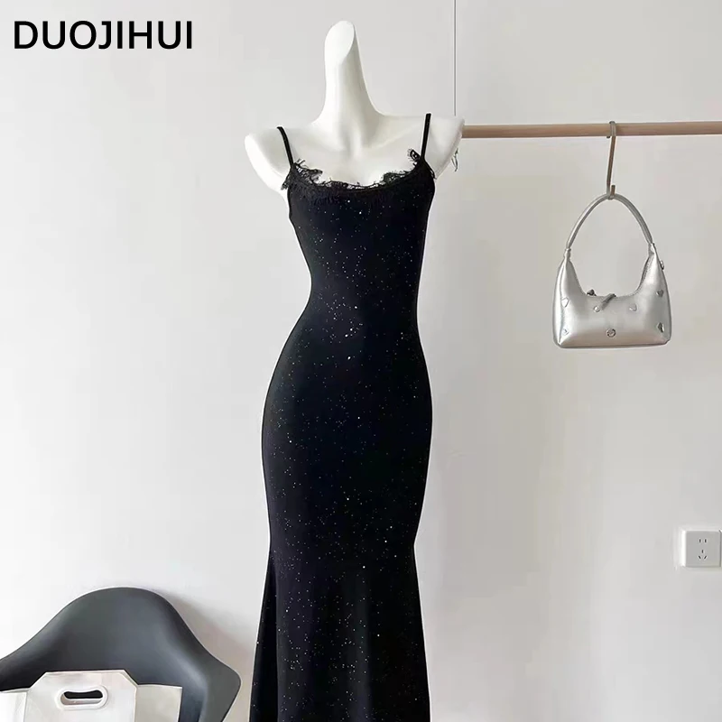 

DUOJIHUI Black Sexy Lace New Camisole Women's Dresses Korean Autumn Solid Color Fashion Pullover Simple Slim Waist Female Dress