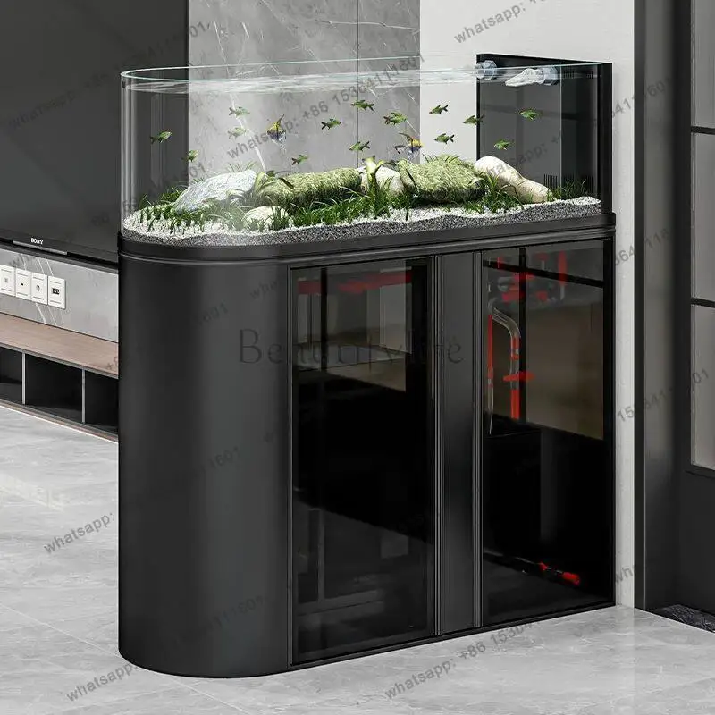 Ecological wild mining stream tank, living room screen, no-change water group, bottom filter, hot bend partition glass tank