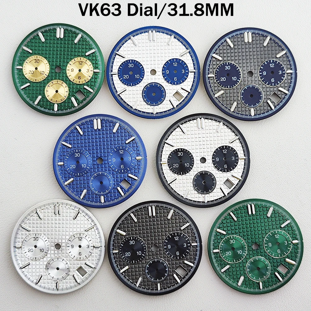VK63 31.8mm Dial Waffle Texture Dial Three Eye Timer Green Night Light Improved Dial Fit VK63 Quartz Movement Housing Parts