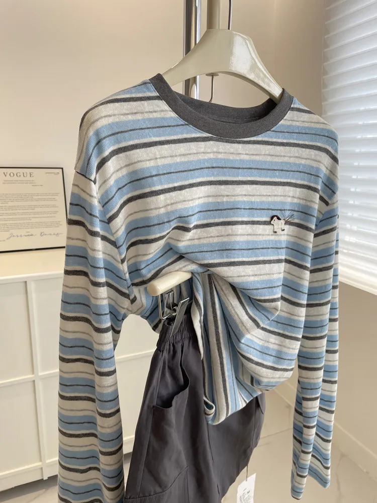 

plus Size Women's Long Sleeve T-Shirt Summer Lightweight Loose Fit Sun Protection Embroidered Striped Top Korean Style Commute
