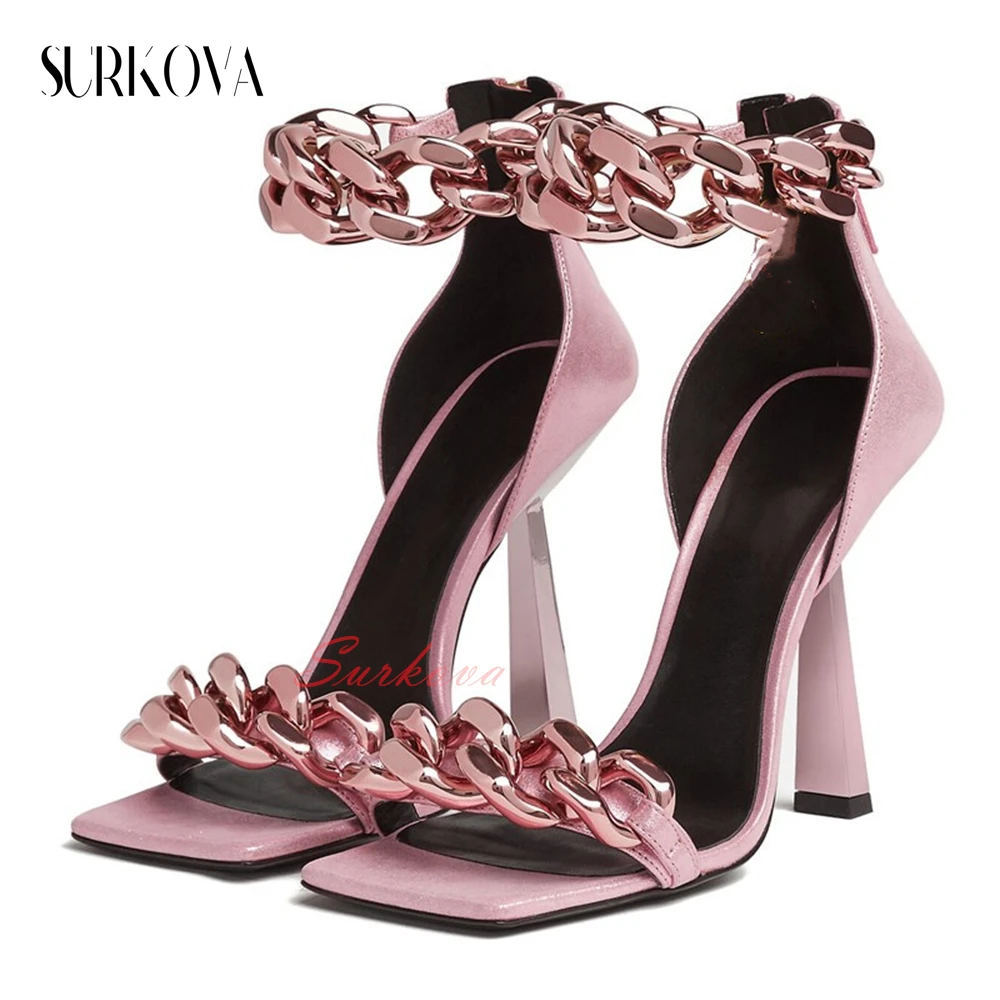 Golden Chunky Chain Sandals Square Open Toe Fashion Sandals for Women Cowhide Back Heel Zipper Runway Sandals Women's Shoes New