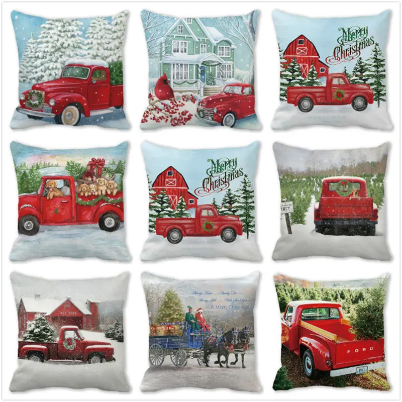 Red Christmas car delivering gifts Digital printing short plush pillow covers for car sofa office cushion cover home goods