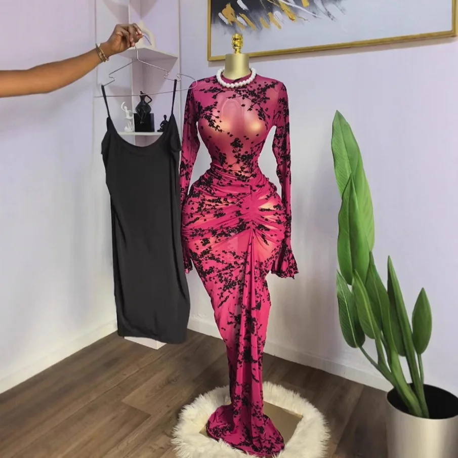 

Женское длинное платье-рубашка с круглым вырезом, длинными рукавами, высокой талией, облегающее, с флокированным покрытием, с внутренним слоем, для вечеринок, осень 2026