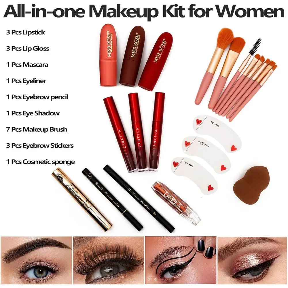 Color All In One Make-upset voor vrouwen en meisjes, professionele complete set inclusief oogschaduw, lippenstift, concealer, lipgloss, eyeliner, ma