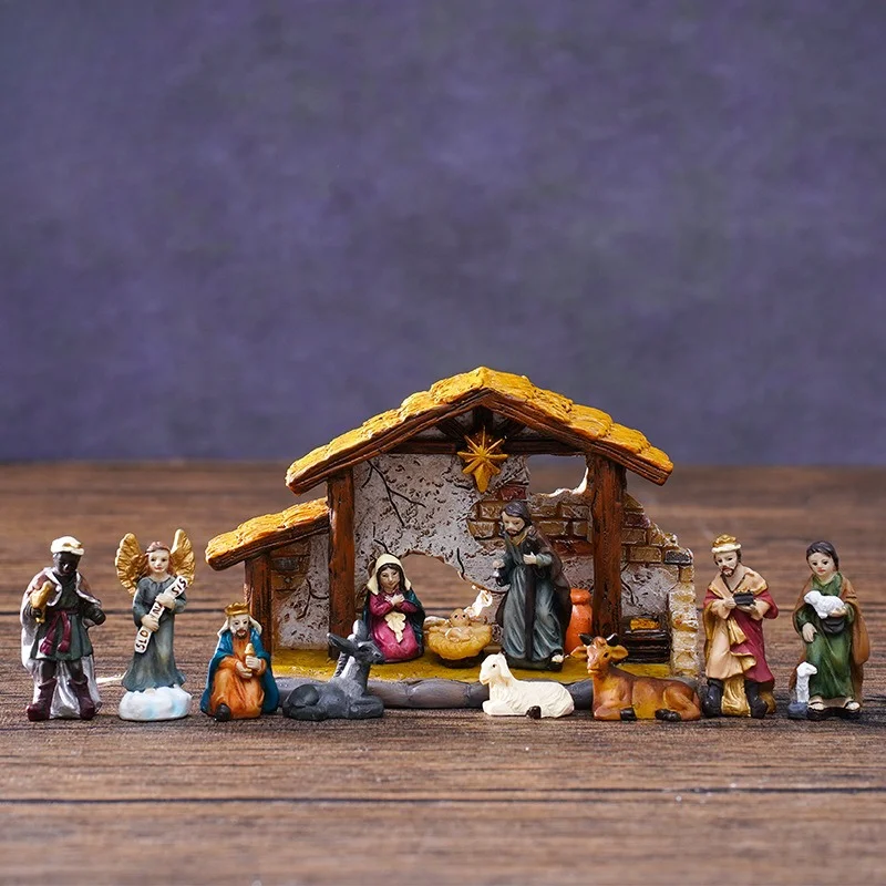3cm Classical Christmas Nativity Stable Set with House, Resin Craft Ornament Gift Box for Home Table Decor, New