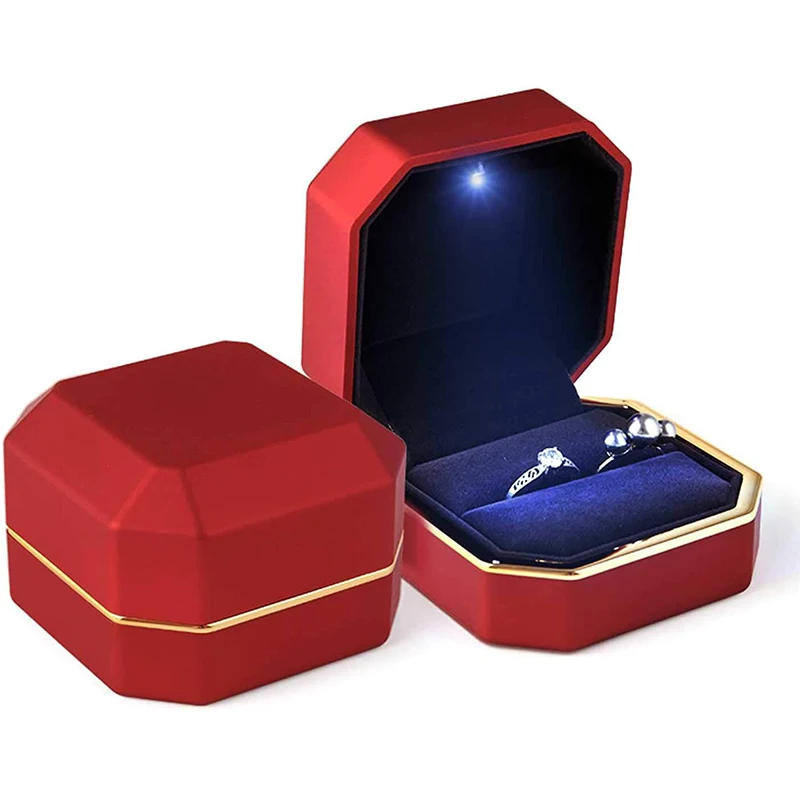 Caja de anillo de joyería con luz LED, colgante de collar de goma de terciopelo de lujo, exhibición de regalos con luz para propuesta de compromiso, estuche de boda, 1 piezas