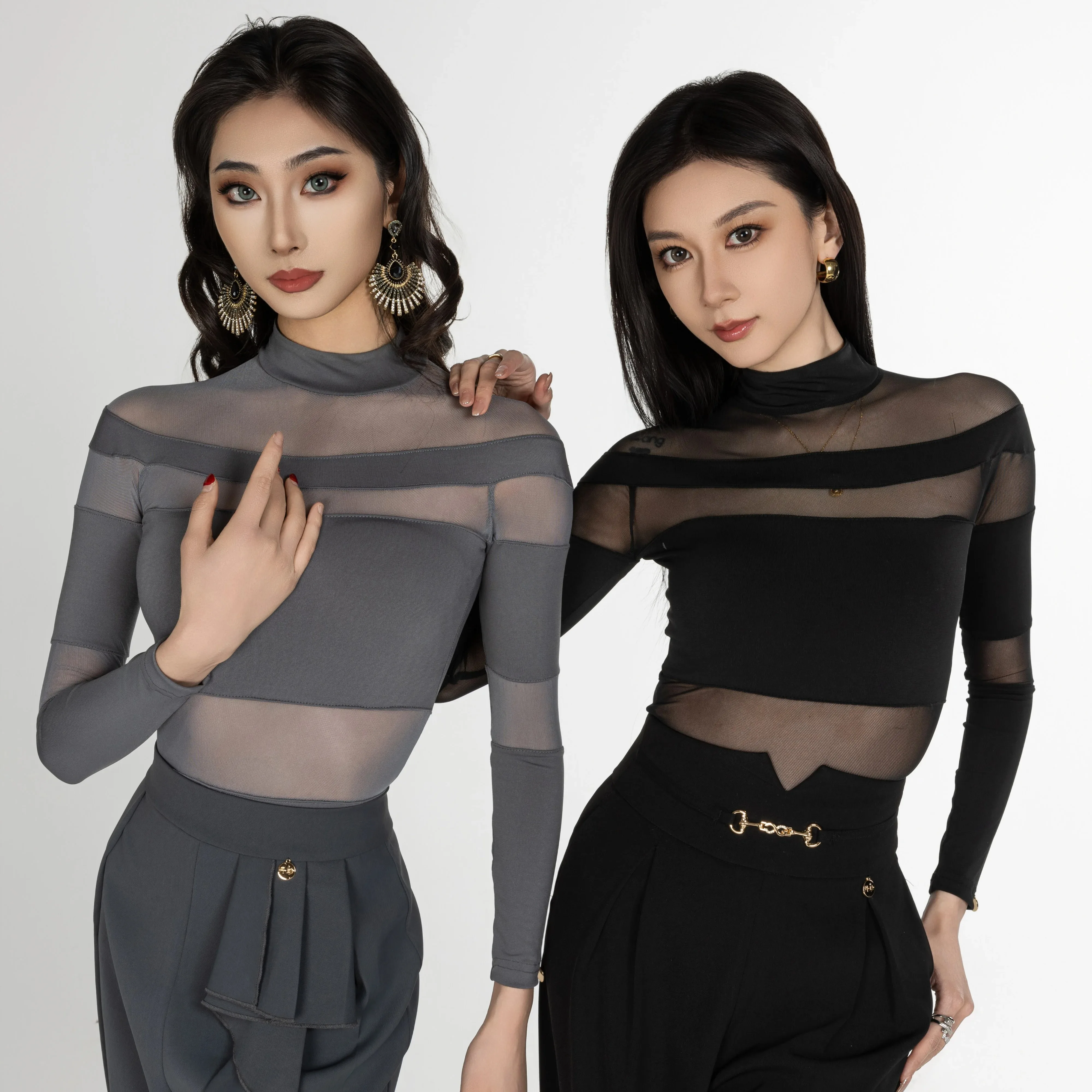 

Latin Dance Clothes Women Long Sleeves Gray Black Leotards Adult Ballroom Dance Practice Clothing Waltz Dance Costume BL14859