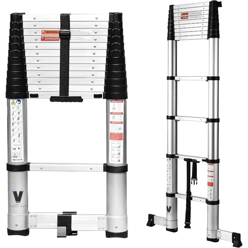 Escalera telescópica de 12,5 pies, escalones de extensión, retracción de un botón, escalera plegable de aluminio, diseño de reducción lenta