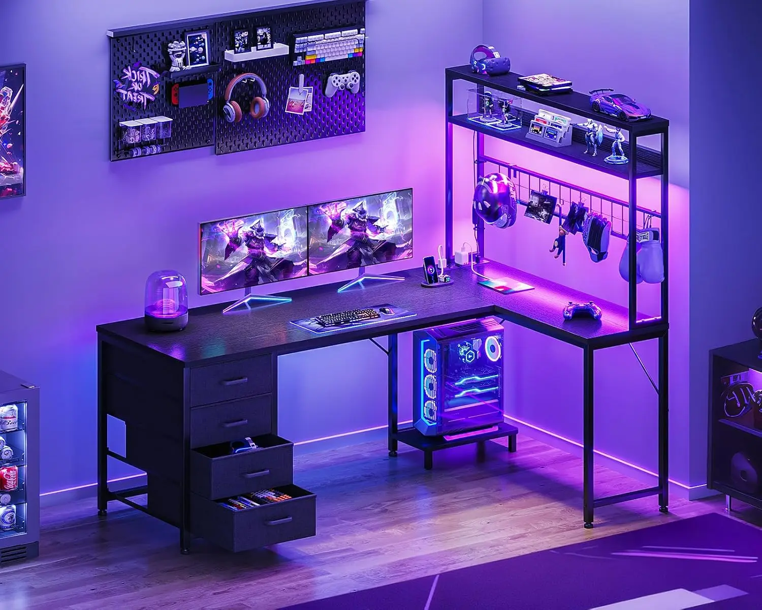 L Shaped Gaming Desk Hutch 4 Drawers LED Lights Power Outlets USB Ports Pegboard Shelves Reversible for Bedroom Dorm Study, Cust