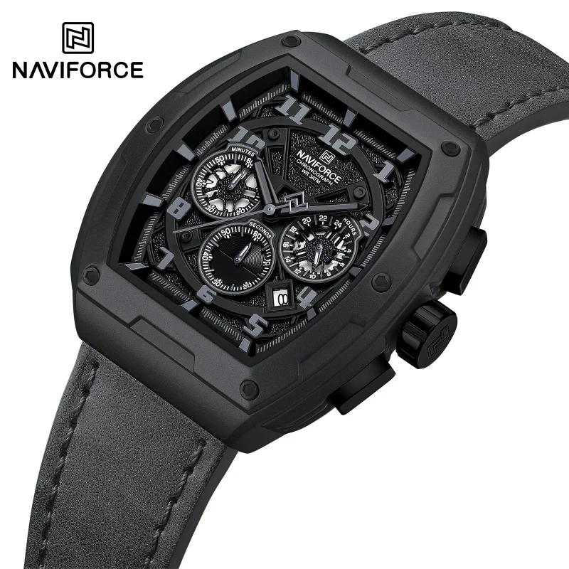 NAVIFORCE Casual Fashion Male Chronograph Wristwatch 24 Hours Clocks Quartz Waterproof Real Leather Strap Daily Wear Man's Watch