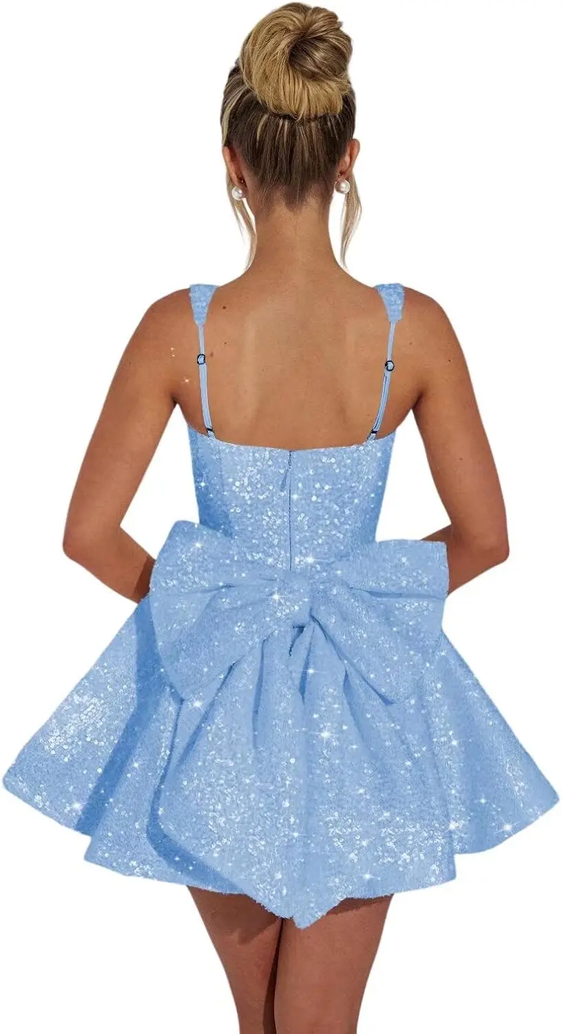 

Square Collar Sequin Back To School Dress Spaghetti Strap Cocktail Gown Bow, Backless Elegant Princess Birthday Party Dance Gown