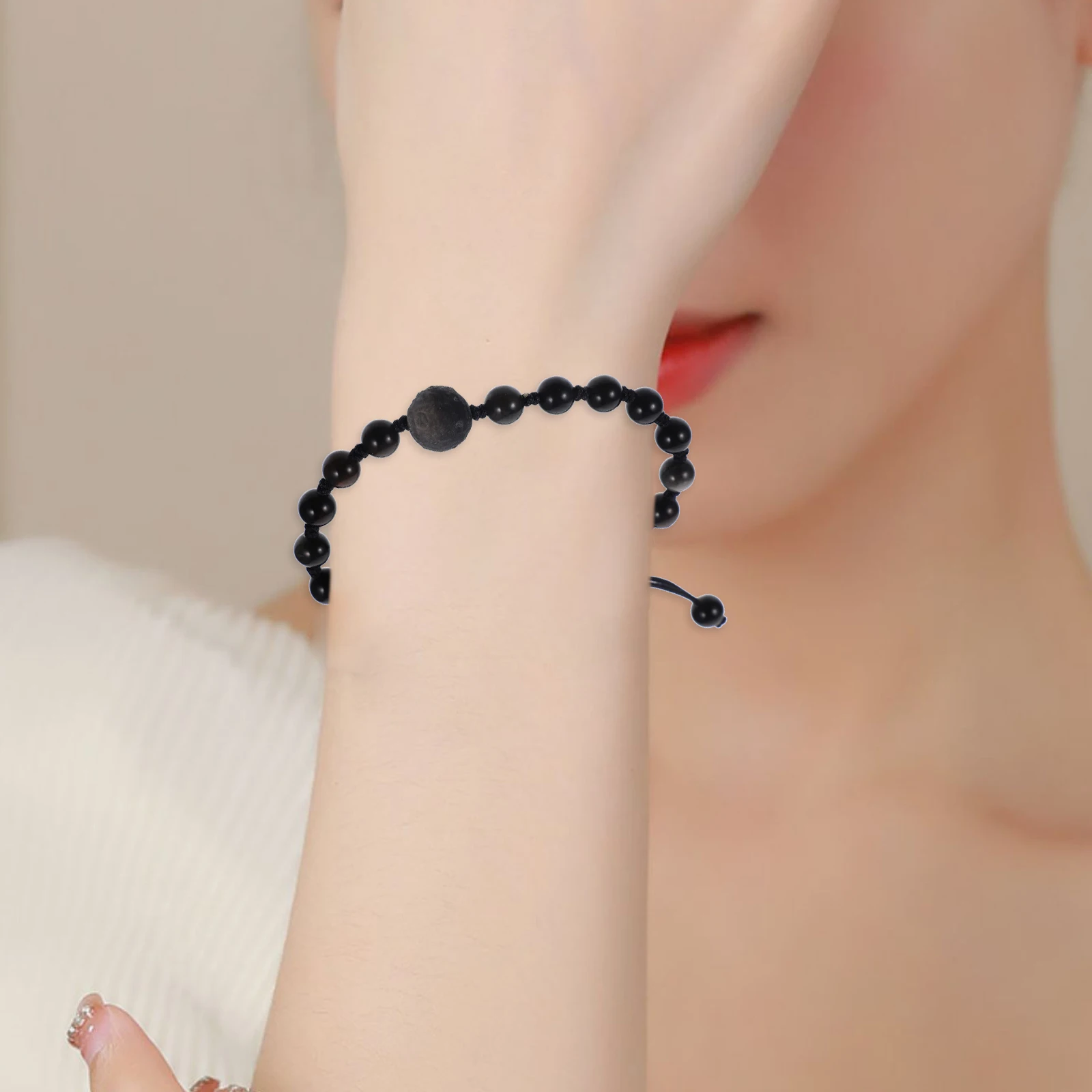 

Obsidian Bracelet Bead Bracelets Natural Stone Beaded for Women Adjustable Hand Strap