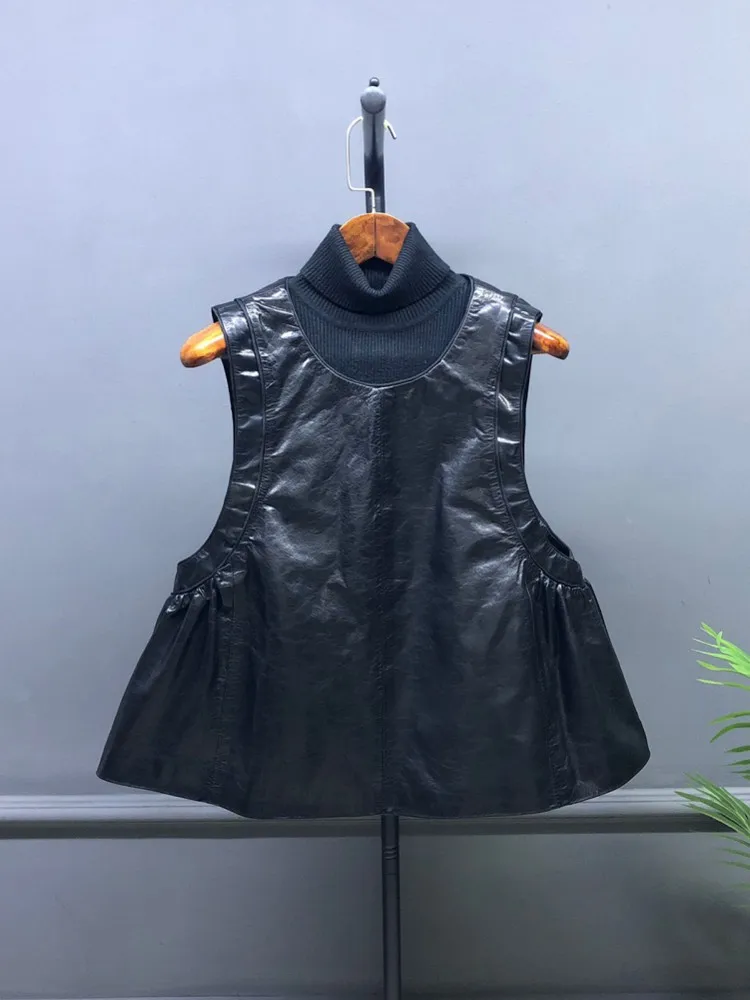 Streetwear Women O Neck Loose Fit Pullover Genuine Leather Vest Top Spring Fashion Sleeveless Waistcoat Casual Comfortable Vests