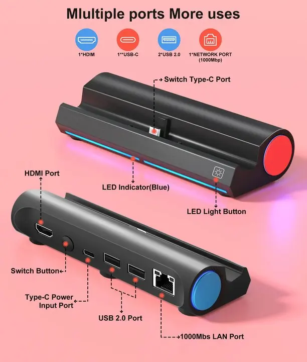 Switch Portable Docking Station For Nintendo Switch/Nintendo Switch OLED Dock with 4K HDMI Adapter/USB 2.0/Type-C Port